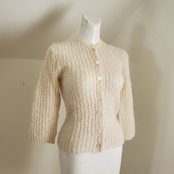 Vintage Sweaters - 50s 60s Vintage Cream White Knit Cardigan Sweater